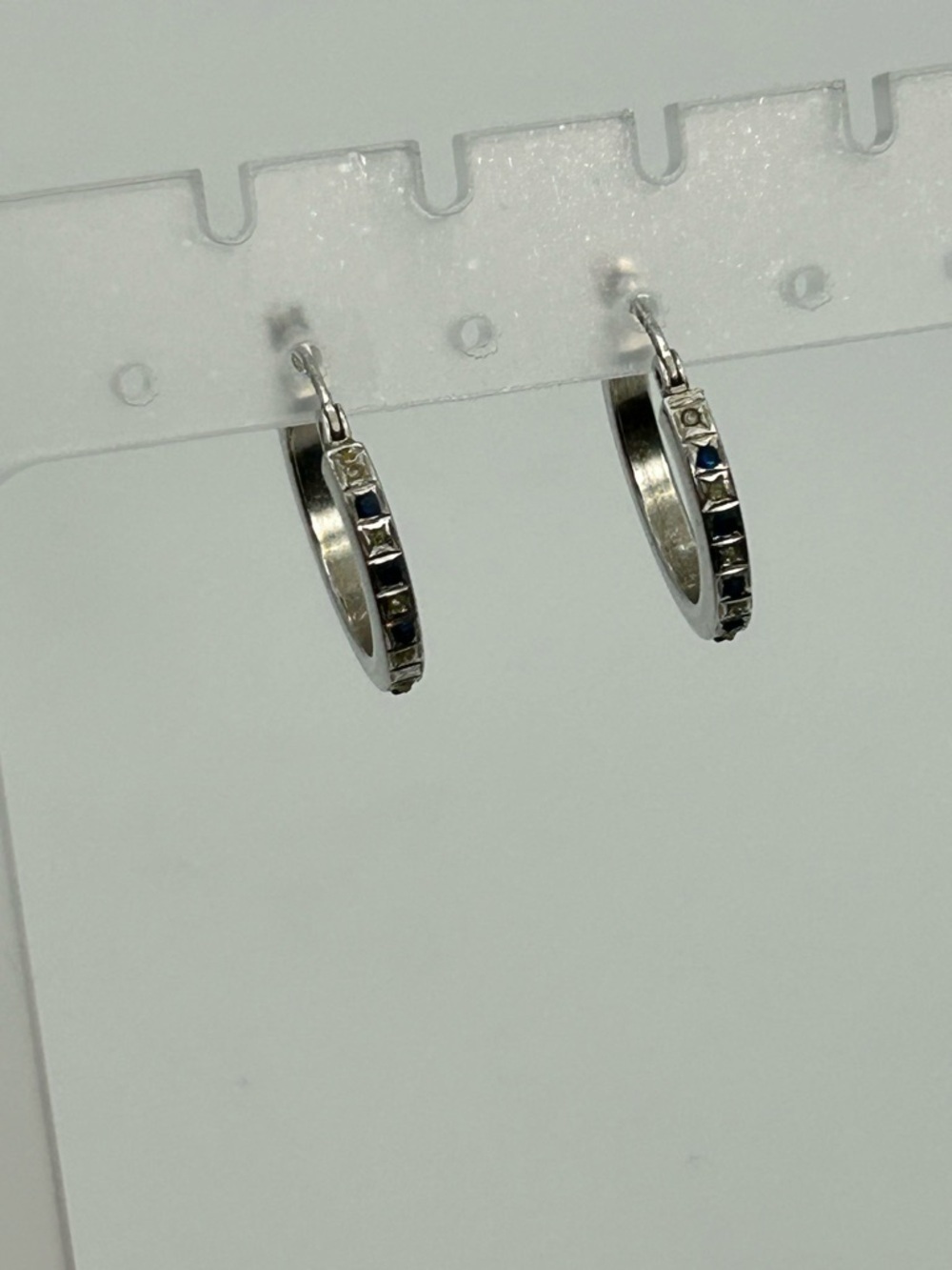 Sterling Silver Hoop Earrings Blue & Clear Crystals 1" Stamped 925 SLC - Picture 4 of 10